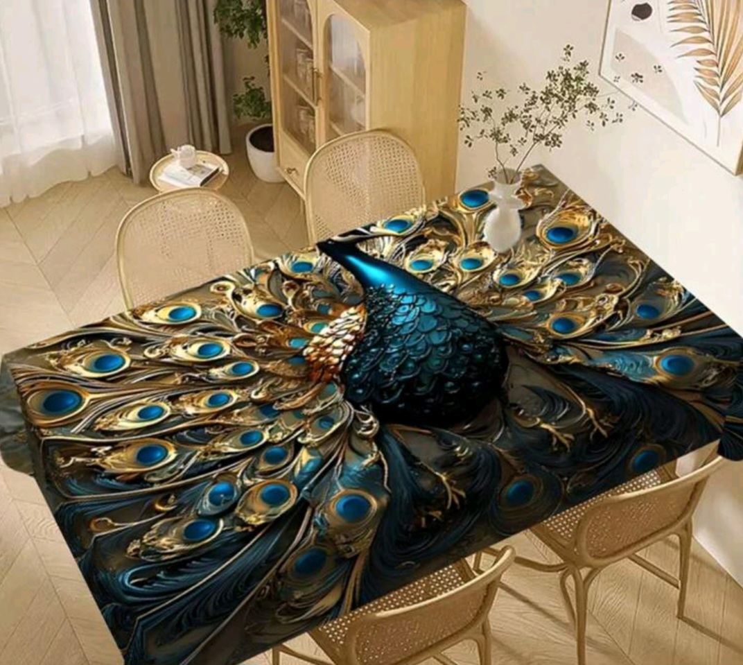 Mantel Antimanchas con diseño de plumas de pavo real 1.40x2.20M 1 Mantel Antimanchas con diseño de plumas de pavo real 1.40x2.20M