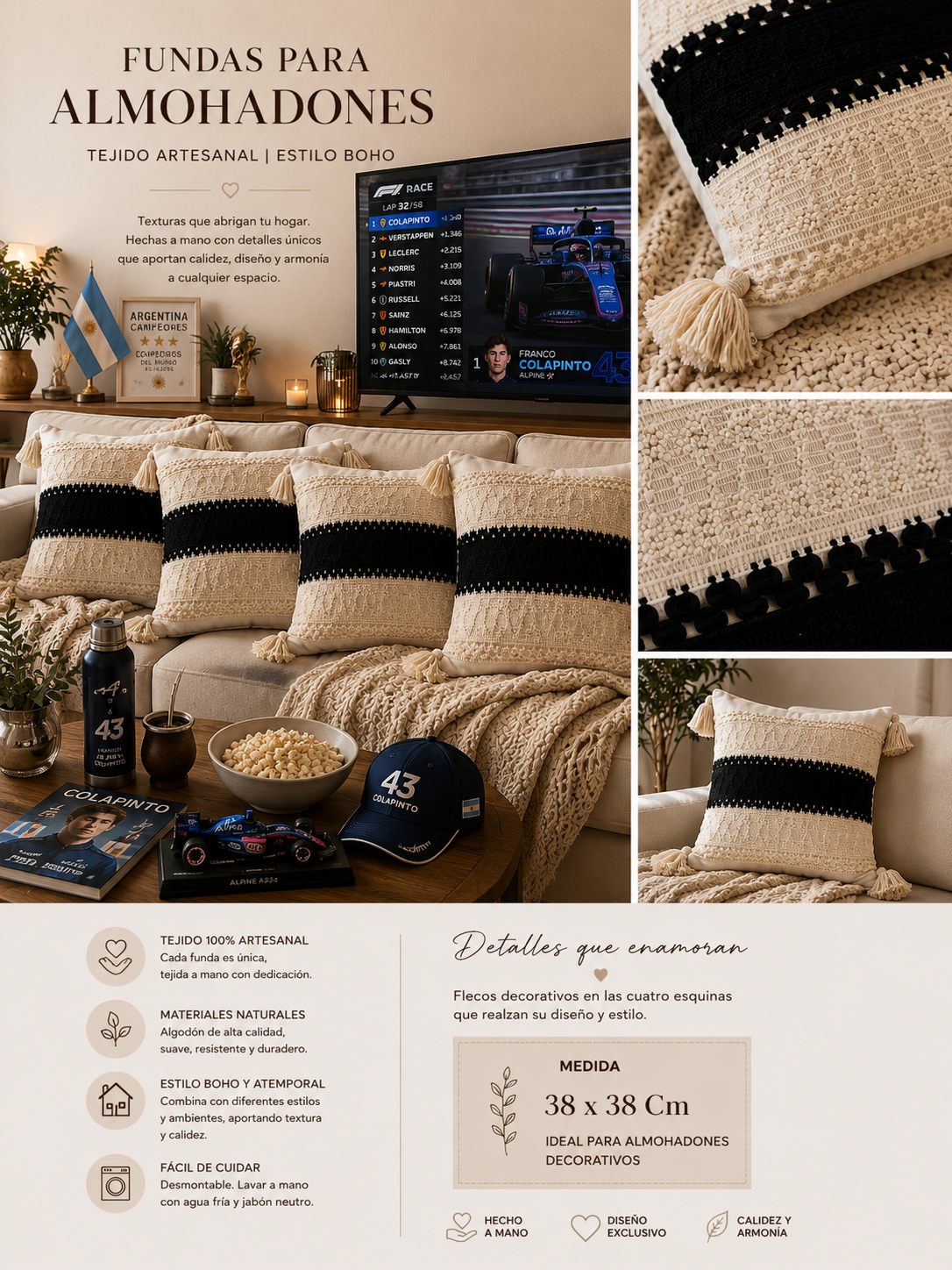 Fundas Tejido Artesanal para Almohadones Medida 38x38 cm 3 Fundas Tejido Artesanal para Almohadones Medida 38x38 cm - Imagen 3