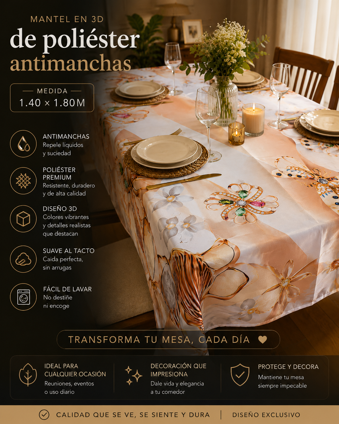 Mantel 3D Antimanchas Medida 1.40x1.80M 1 Mantel 3D Antimanchas Medida 1.40x1.80M