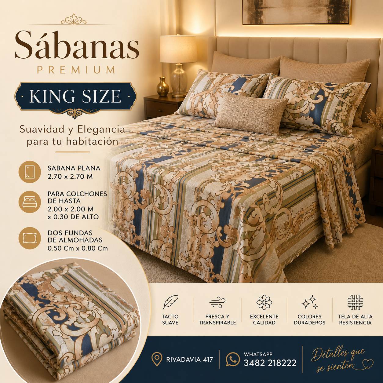 Juego de Sábanas Percal 300 hilos Medida KING Size 2x2 M 2 Juego de Sábanas Percal 300 hilos Medida KING Size 2x2 M - Imagen 2