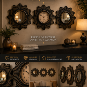 Set de 1 Reloj y 2 Espejos ideal para decorar tus ambientes o  regalar