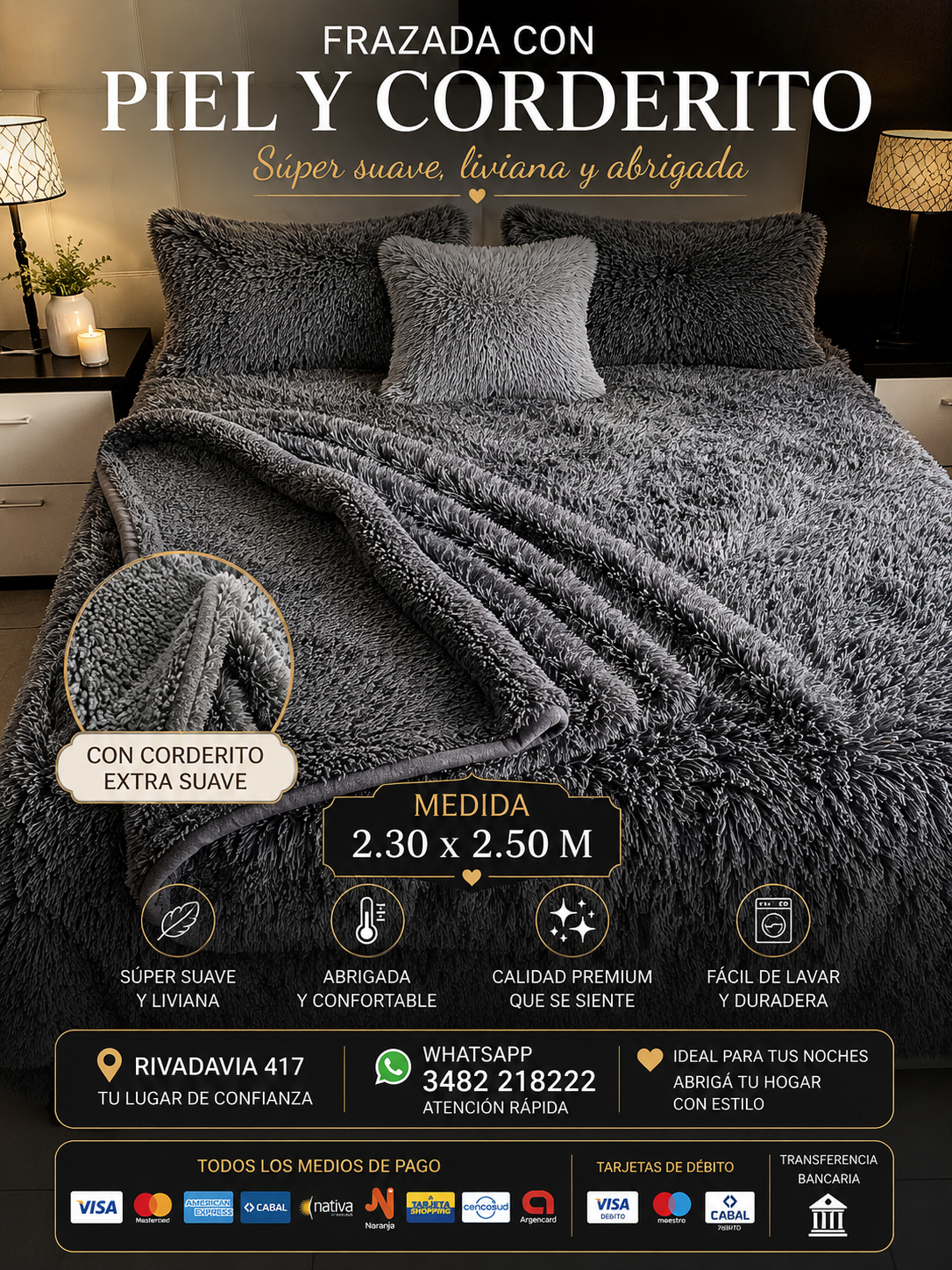 Frazada Con Piel y Corderito Super Suave Al Tacto Y Extra Liviana Medida Queen 2.30x2.50 M 1 Frazada Con Piel y Corderito Super Suave Al Tacto Y Extra Liviana Medida Queen 2.30x2.50 M