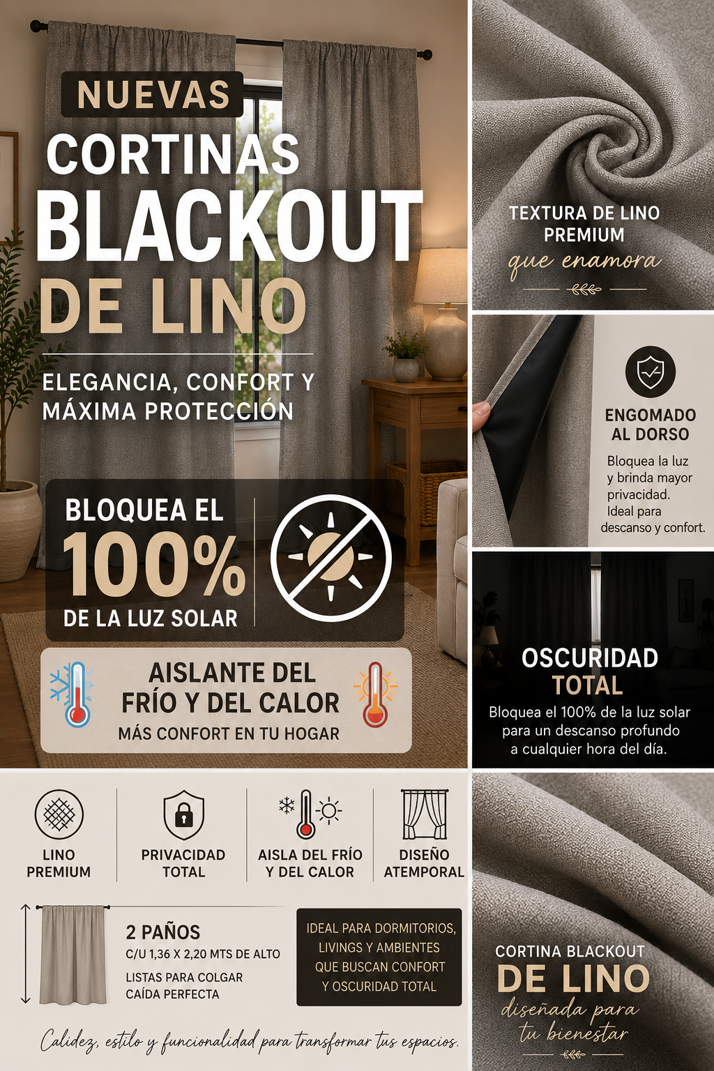 Cortina Blackout de Lino Engomada 2 Cortina Blackout de Lino Engomada - Imagen 2
