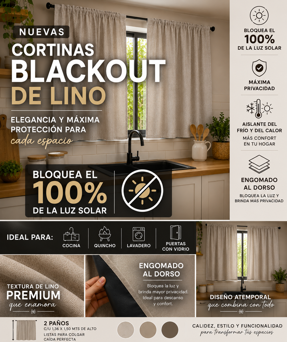 Cortina Blackout Corta de Lino Engomada 1 Cortina Blackout Corta de Lino Engomada