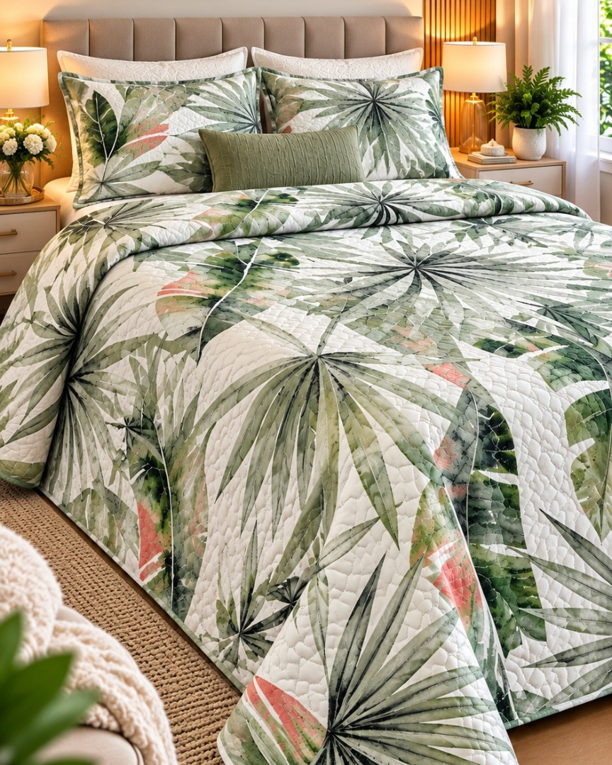 Cubrecama Premium Primavera-Verano Queen Size – Diseño Tropical Verde 1 Cubrecama Premium Primavera-Verano Queen Size – Diseño Tropical Verde