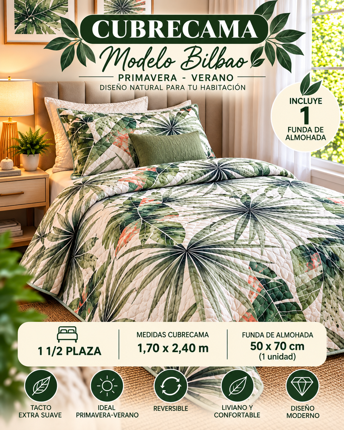 Cubrecama Premium Primavera-Verano 1 Plaza y Media – Modelo Bilbao Diseño Tropical Verde 3 Cubrecama Premium Primavera-Verano 1 Plaza y Media – Modelo Bilbao Diseño Tropical Verde - Imagen 3
