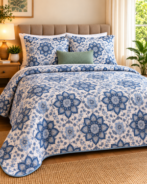 Cubrecama Premium Reversible King Size – Modelo Praga Azul y Verde