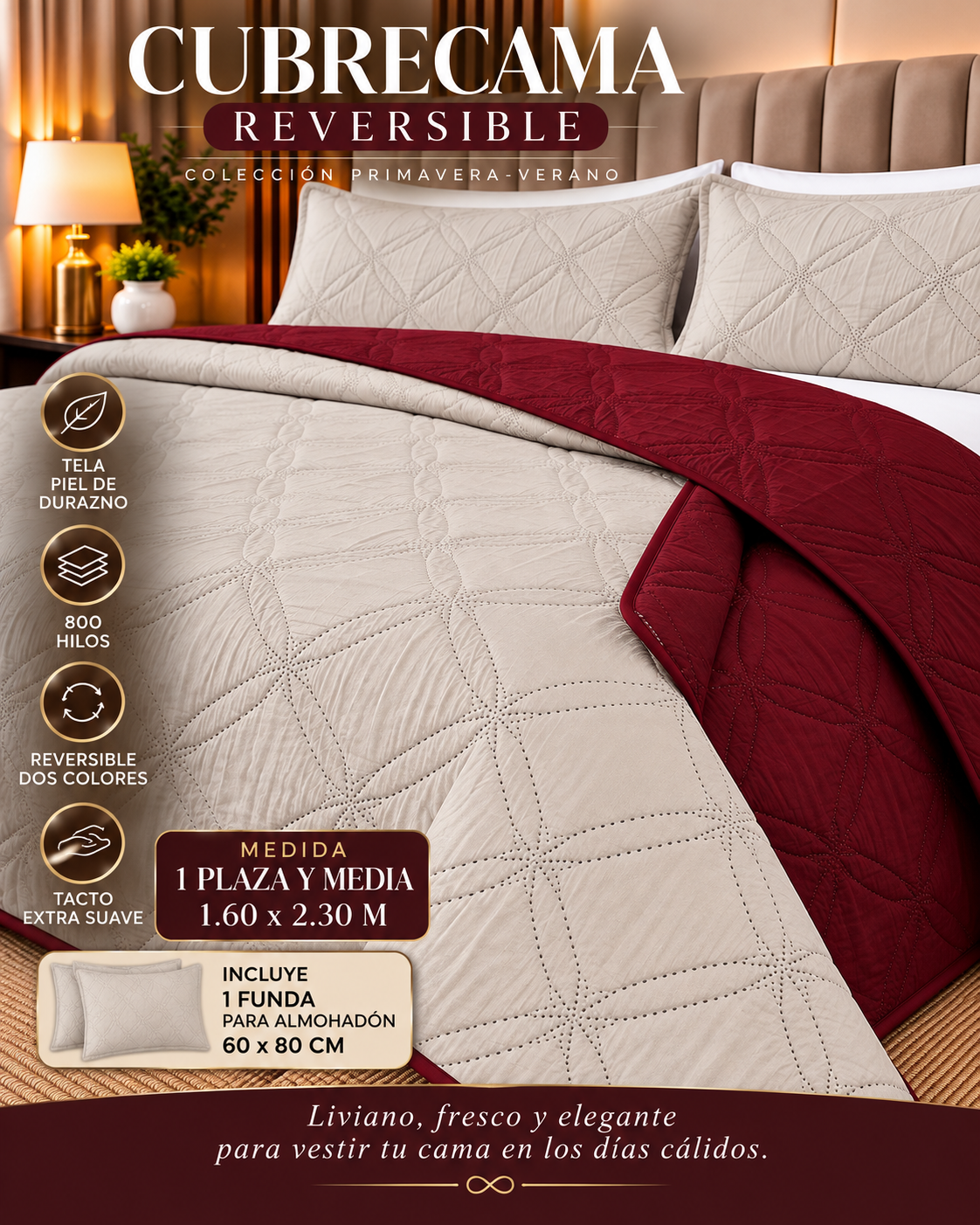 Cubrecama Premium Reversible 1 Plaza y Media – Beige y Bordó 3 Cubrecama Premium Reversible 1 Plaza y Media – Beige y Bordó - Imagen 3