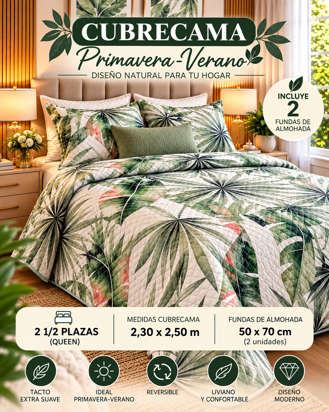 Cubrecama Premium Primavera-Verano Queen Size – Diseño Tropical Verde 5 Cubrecama Premium Primavera-Verano Queen Size – Diseño Tropical Verde - Imagen 5