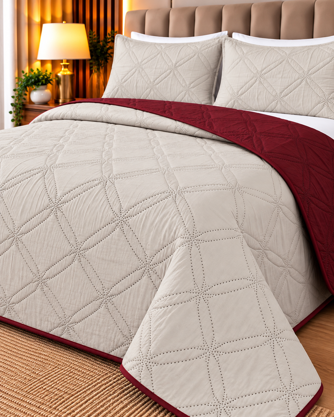 Cubrecama Premium Reversible 1 Plaza y Media – Beige y Bordó 1 Cubrecama Premium Reversible 1 Plaza y Media – Beige y Bordó