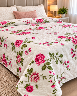 Cubrecama Premium Primavera-Verano Queen Size – Diseño Floral Rosa