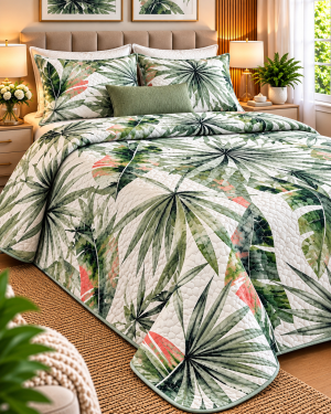 Cubrecama Premium Primavera-Verano 1 Plaza y Media – Modelo Bilbao Diseño Tropical Verde