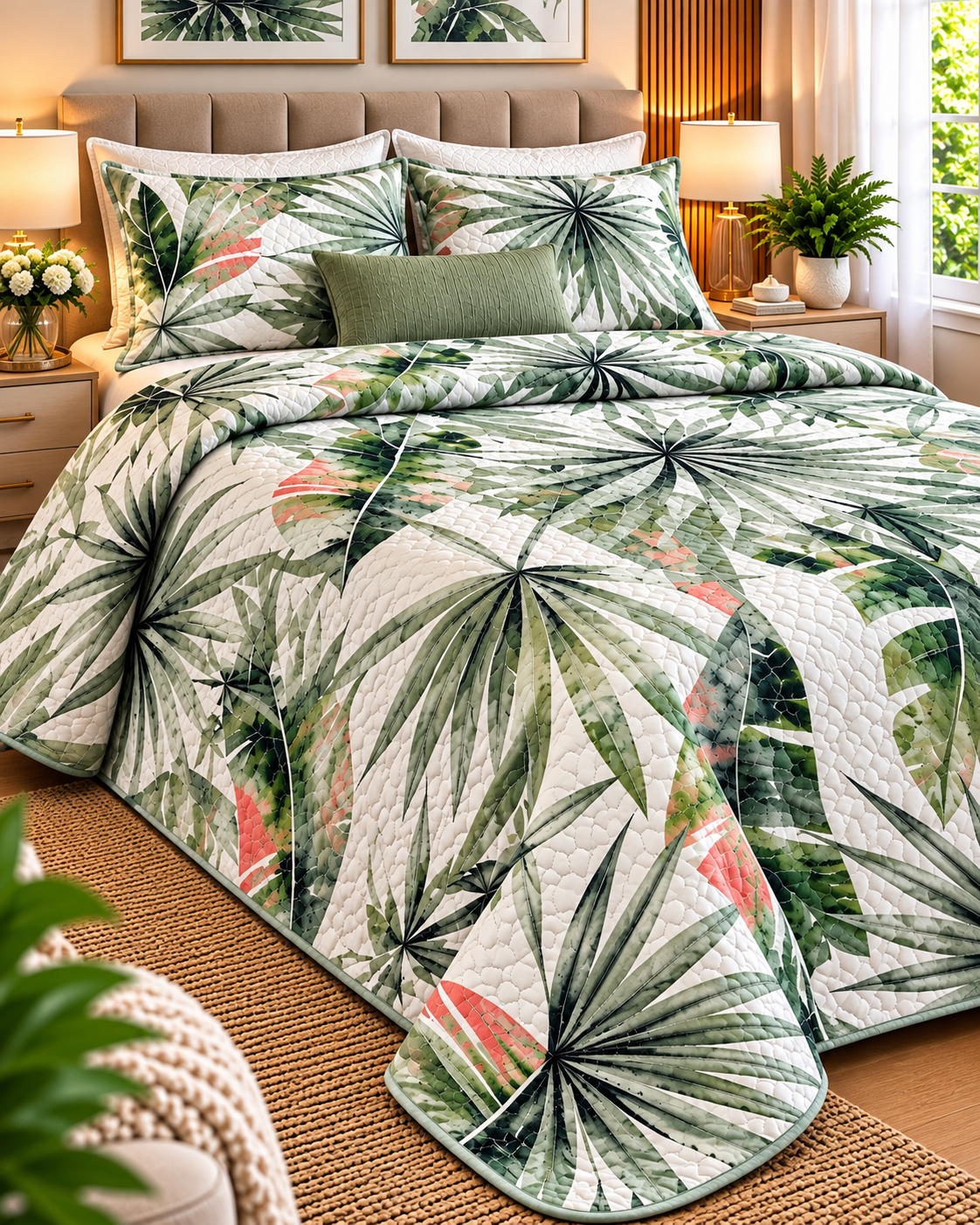 Cubrecama Premium Primavera-Verano 1 Plaza y Media – Modelo Bilbao Diseño Tropical Verde 1 Cubrecama Premium Primavera-Verano 1 Plaza y Media – Modelo Bilbao Diseño Tropical Verde