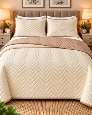 Cubrecama Premium Reversible Queen Size – Modelo Berlín Beige y Arena
