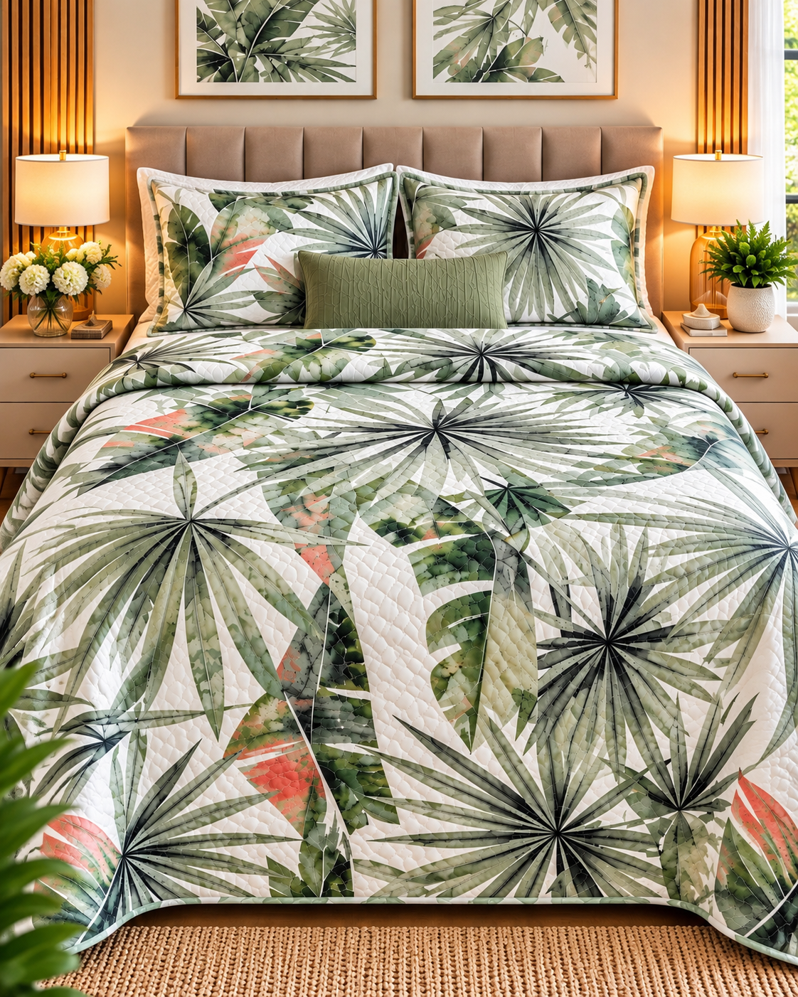 Cubrecama Premium Primavera-Verano 1 Plaza y Media – Modelo Bilbao Diseño Tropical Verde 2 Cubrecama Premium Primavera-Verano 1 Plaza y Media – Modelo Bilbao Diseño Tropical Verde - Imagen 2