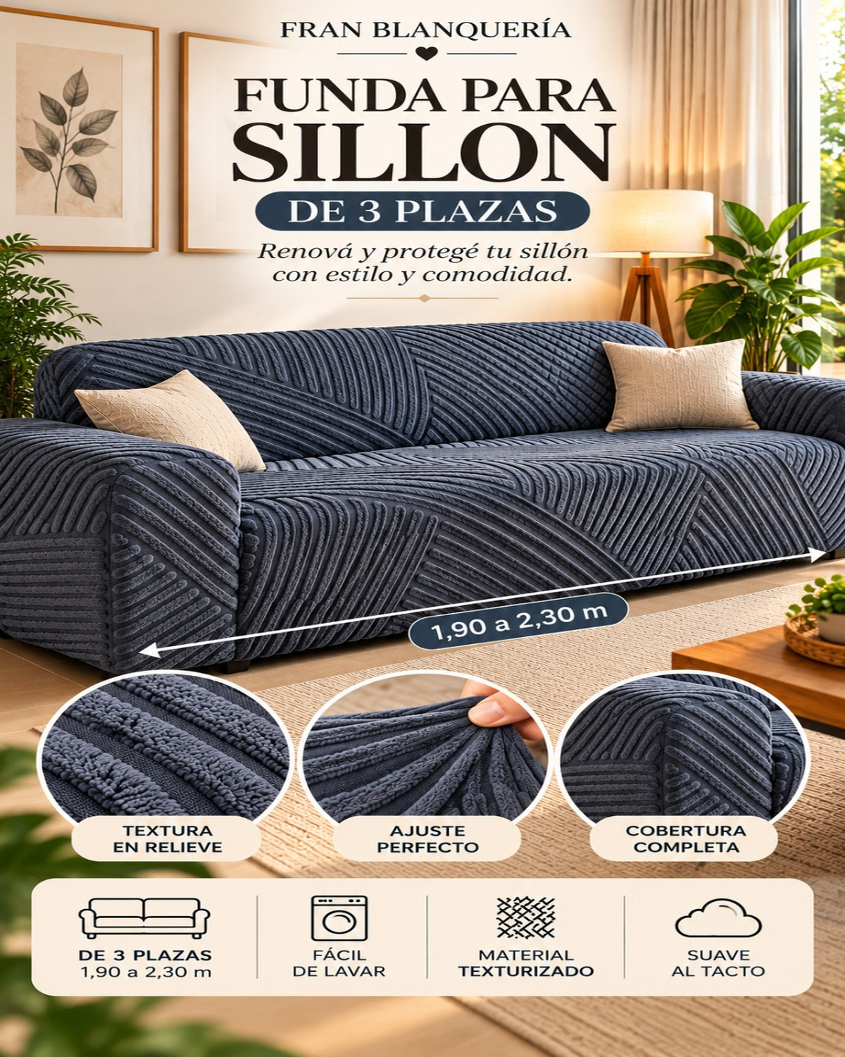 Funda para Sillón de 3 Plazas Premium – Gris Oscuro – Textura en Relieve 2 Funda para Sillón de 3 Plazas Premium – Gris Oscuro – Textura en Relieve - Imagen 2