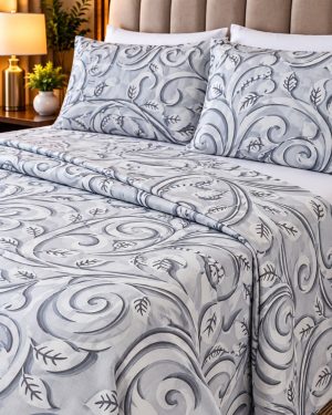 Juego de Sábanas Premium King Size – Diseño Arabescos Gris y Blanco