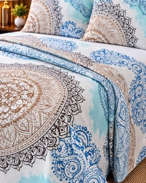 Juego de Sábanas Premium King Size – Diseño Mandalas Azul y Beige