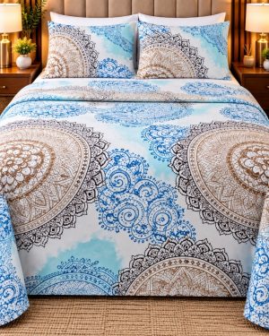 Juego de Sábanas Premium Queen Size – Diseño Mandalas Azul y Beige