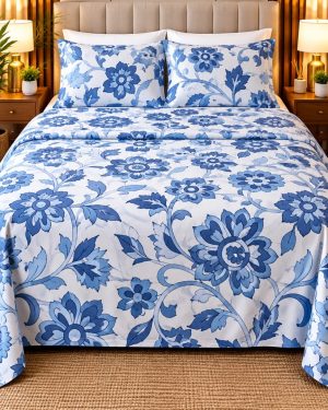 Juego de Sábanas Premium 2 Plazas y Media – Diseño Floral Azul y Blanco